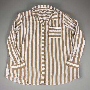 STUDIO 1886 Brown White Striped Collared Button Down Tunic Shirt 2XL Blouse EUC